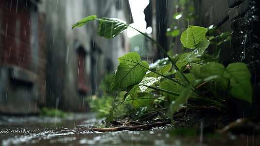 雨中绿植特写图片