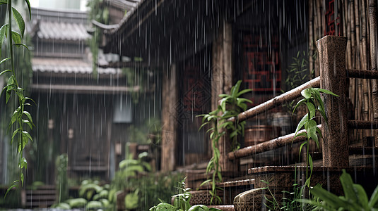雨中古建筑图片