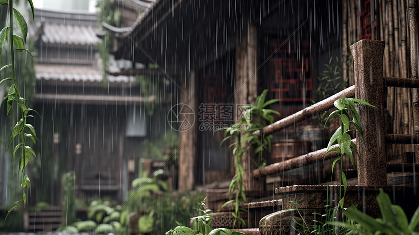 雨中古建筑图片