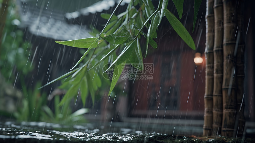 下雨天树叶图片