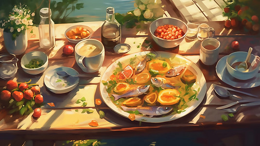 桌上一盘食物的绘画图片