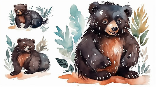 手绘水彩可爱的卡通树懒熊图画图片