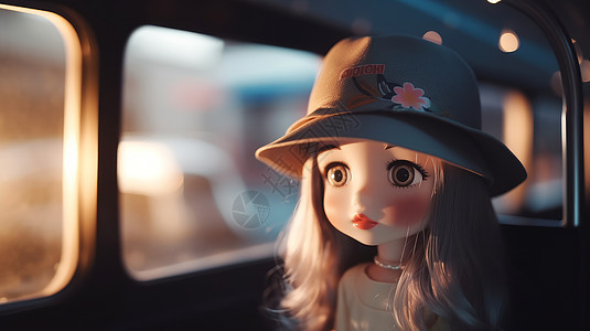 坐在汽车里看窗外戴帽子立体芭比娃娃女孩图片