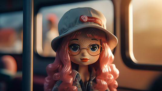 戴眼镜和帽子正在坐车的卡通立体女孩背景图片