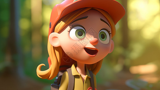 戴森吸尘器在森里徒步戴红色帽子开心表情的立体卡通女孩插画