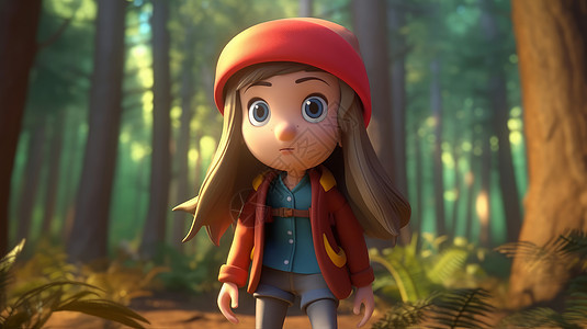 戴红色帽子去森林里探险的立体卡通女孩图片