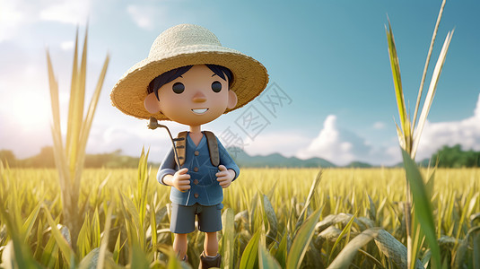 戴草帽站在绿色天田里的农民图片