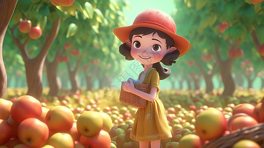在满地都是苹果的果园中抱着竹篮子的卡通女孩图片