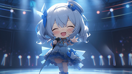 蓝色裙子女孩站在舞台中央唱歌背景图片