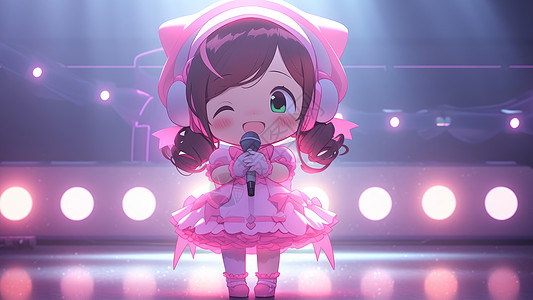 戴耳麦拿着话筒穿粉色裙子卡通女孩在舞台上唱歌背景图片