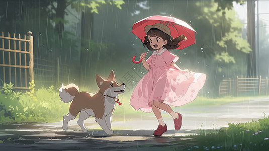 拿着雨伞奔跑在雨中放学回家的女孩与狗图片
