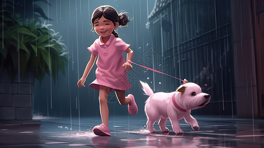 牵着小狗奔跑在雨中玩耍的小女孩图片
