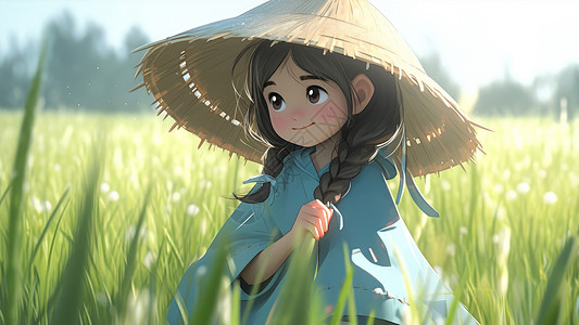 戴着草帽站在田地里微笑的小女孩图片
