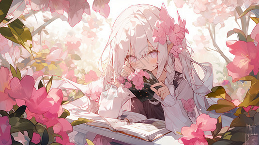 头戴粉色花朵看书的卡通小女孩图片