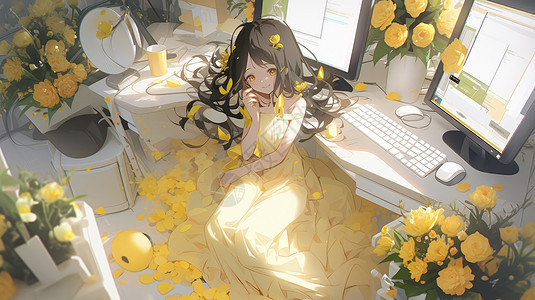 穿黄色长裙的卡通女孩躺在满是黄色花朵的电脑桌前图片