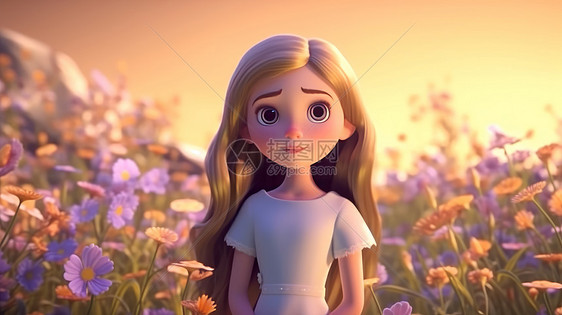 美丽的长发女孩站在花丛中发呆图片