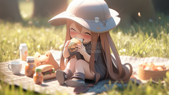 坐在野餐垫上吃面包的可爱的卡通小女孩图片