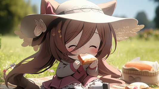 戴着帽子在野外正在吃面包的可爱的卡通小女孩图片