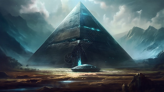 科幻金字塔漂和漂浮在地球表面的UFO图片