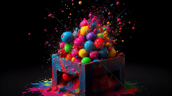 幻想盒子里彩色球爆炸飞溅出斑斓油漆图片