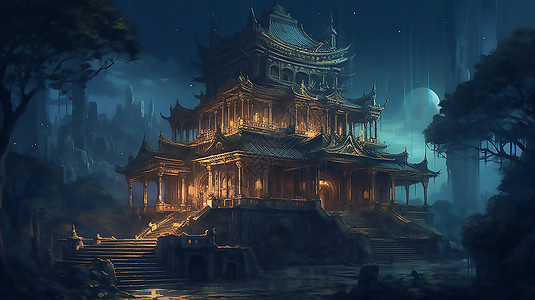 幻想夜间的古寺庙建筑图片