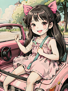 坐在车上的可爱女孩图片