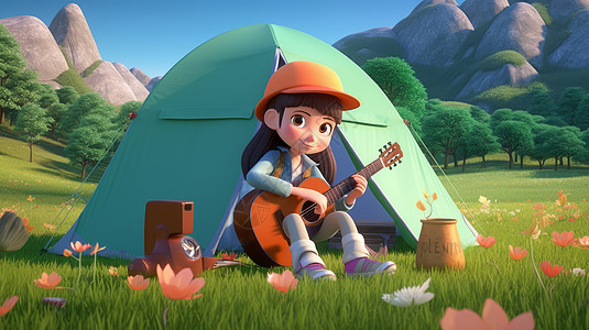 戴着帽子的立体卡通女孩在野外露营图片
