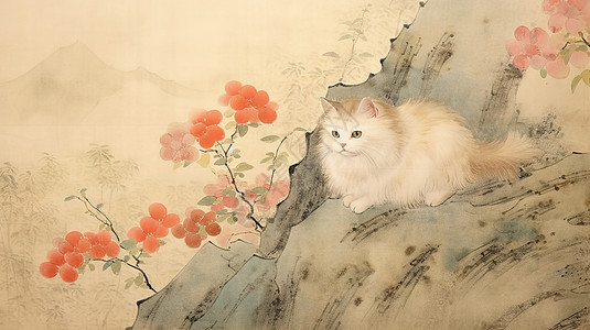 猫蹲在石头上水墨画图片