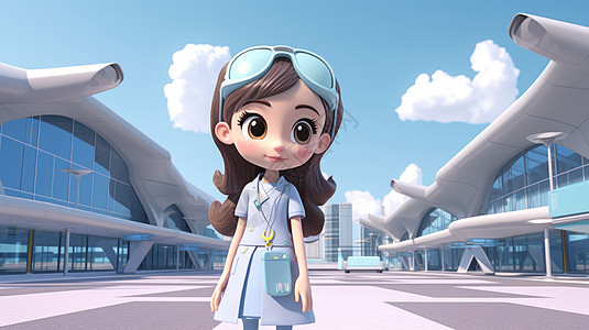 卡通女医生面对带微笑的站在飞机场图片