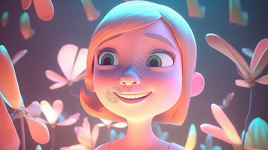 站在发光的花朵里惊讶的微笑的卡通女孩图片