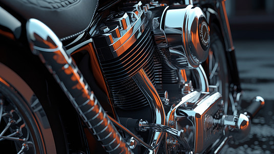 金属质感摩托车发动机特写图片