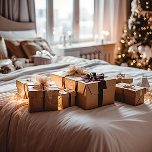 圣诞节日氛围卧室礼物盒图片