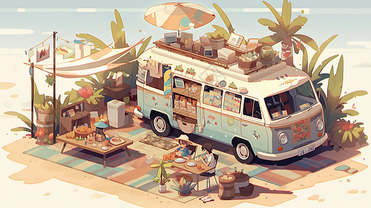 夏日美食车在海滩上卡通图画背景图片