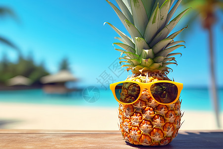 黄色新鲜水果沙滩上的热带水果菠萝插画