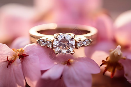 樱花背景的钻石戒指背景图片
