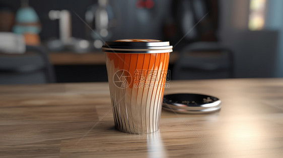 时尚的咖啡瓦楞杯放在桌子上图片