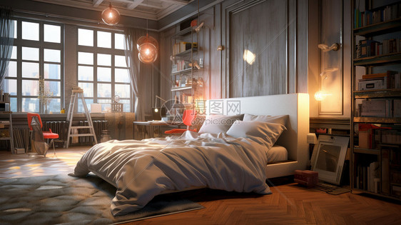 温馨的复古风卧室白色被子与枕头图片