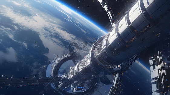 卡通科幻地球外的巨型空间站图片