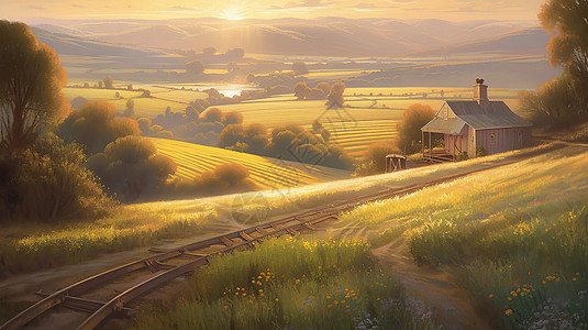 夕阳下美丽的村落风景与破旧的火车道背景图片