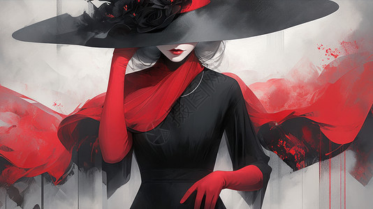 戴着红色手套酷酷的黑色礼帽的卡通女孩背景图片