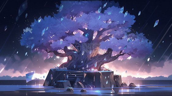 幻想美丽的水晶盆景树装饰插图图片