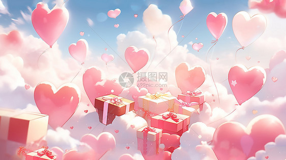 情人节3D心形气球和礼物创意概念图图片