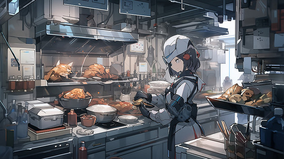 未来主义机器人在厨房准备食物插图图片