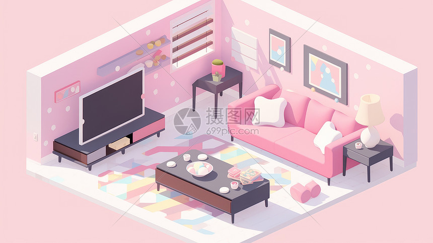 可爱粉色主题等距风卡通小客厅图片