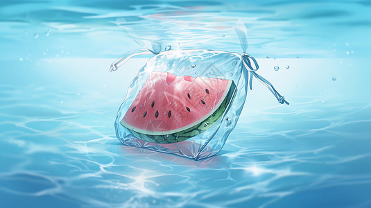 美味的卡通西瓜在透明袋子中泡在水里插画