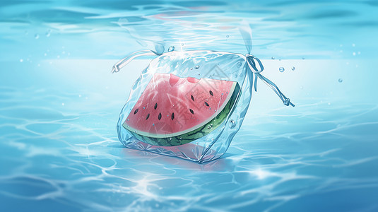 美味的卡通西瓜在透明袋子中泡在水里图片