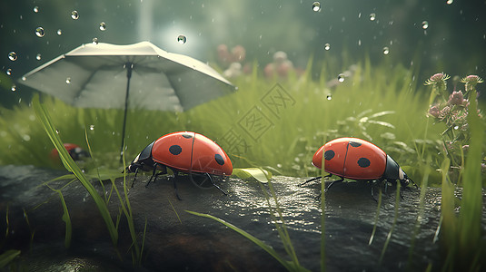 二十四节气之小瓢虫在雨中行走数字艺术图片