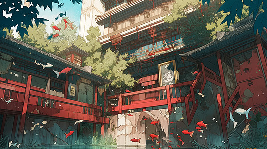 红色栏杆卡通古风建筑背景图片