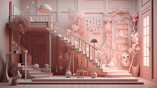 粉色主题立体复式客厅楼梯模型图片