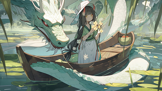 站在船上的女孩站在小船上手拿花朵一只巨龙围绕她插画